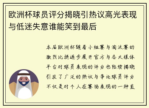 欧洲杯球员评分揭晓引热议高光表现与低迷失意谁能笑到最后
