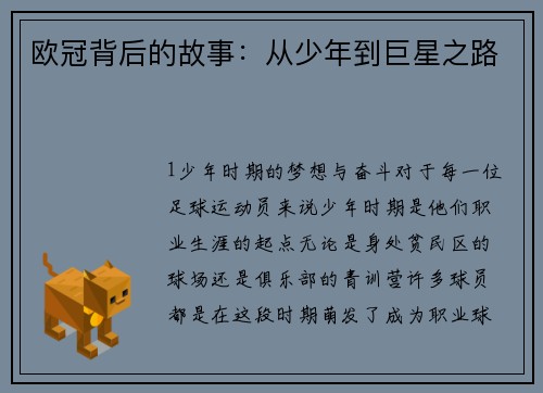 欧冠背后的故事：从少年到巨星之路