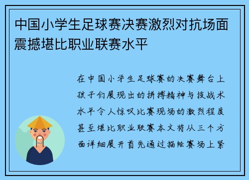 中国小学生足球赛决赛激烈对抗场面震撼堪比职业联赛水平