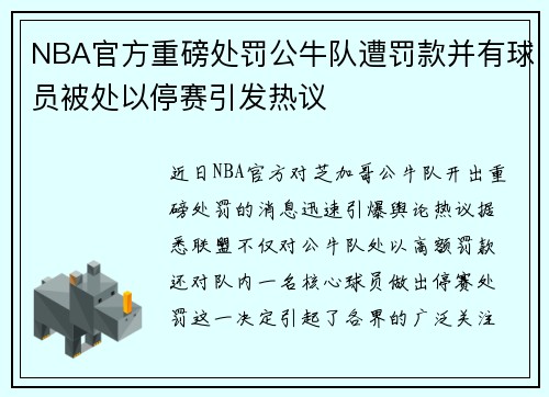 NBA官方重磅处罚公牛队遭罚款并有球员被处以停赛引发热议